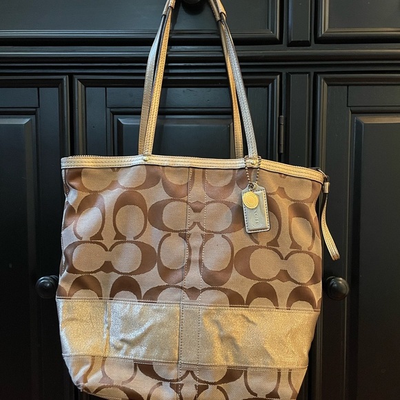 Coach Handbags - Coach Signature Strip Tote - Gold/Brown w/ Pink Lining